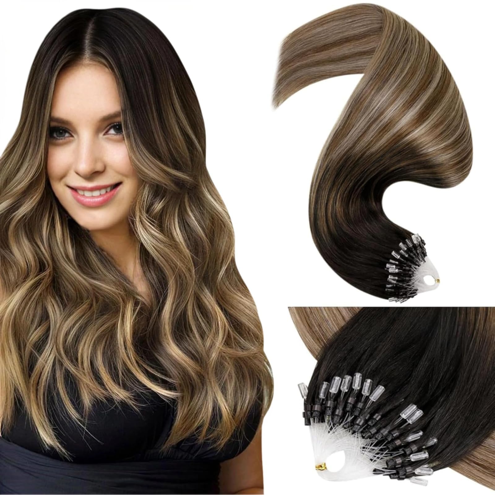 LaaVoo Micro Beads Hair Extensions Ombre Remy Human Hair Extensions Micro Beads 16inch Dark Brown to Ash Brown Balayage Micro Loop Hair Extensions 50g 50s Real Human Hair Extensions Cold Fusion