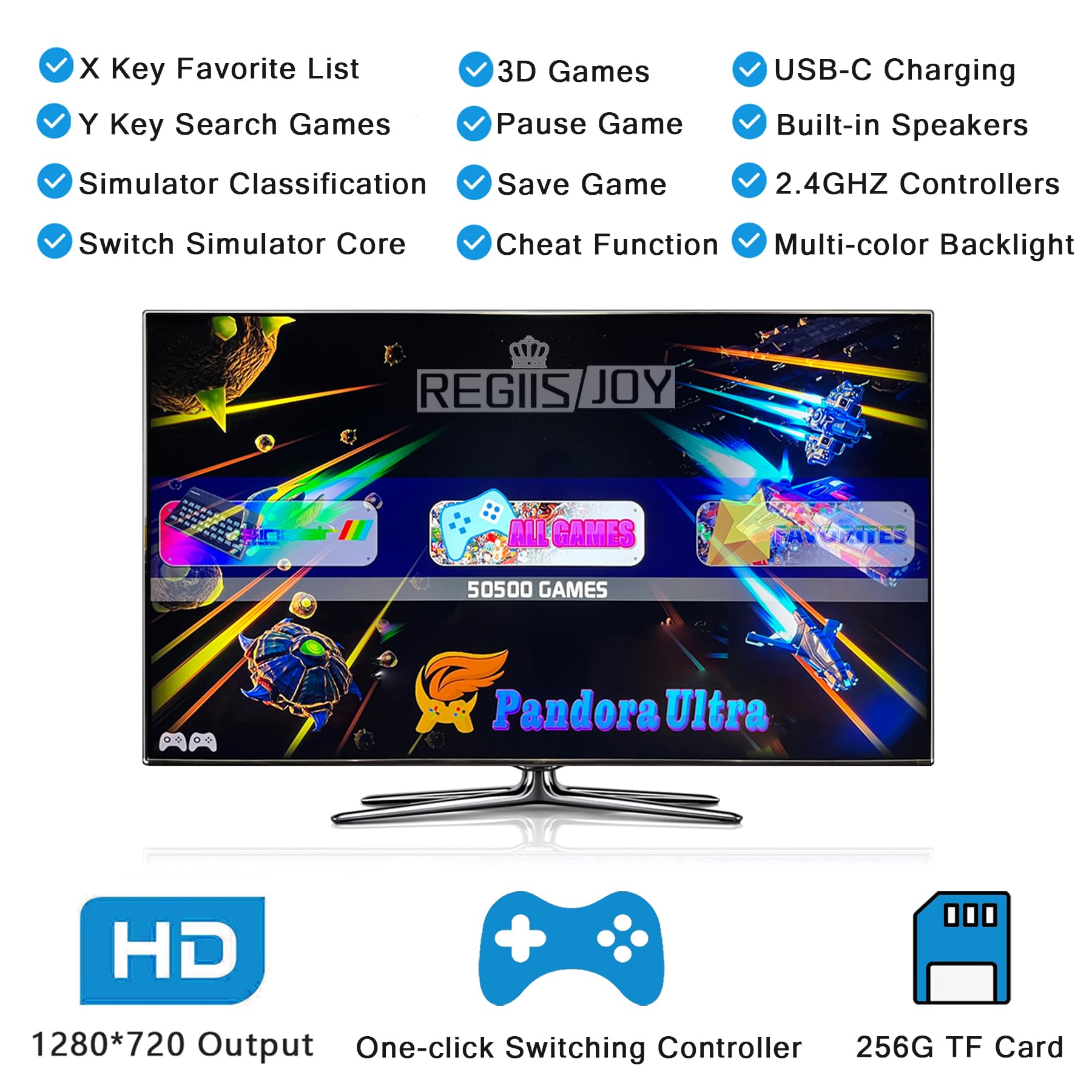 RegiisJoy 50000 in 1 Pandoras Box Ultra Arcade Game Console , Retro Game Machine for PC & Projector & 4K TV, 3D Games, Search/Save/Load/Pause Games, 1280X720,256G TF, USB-C Charging,Built-in Speaker