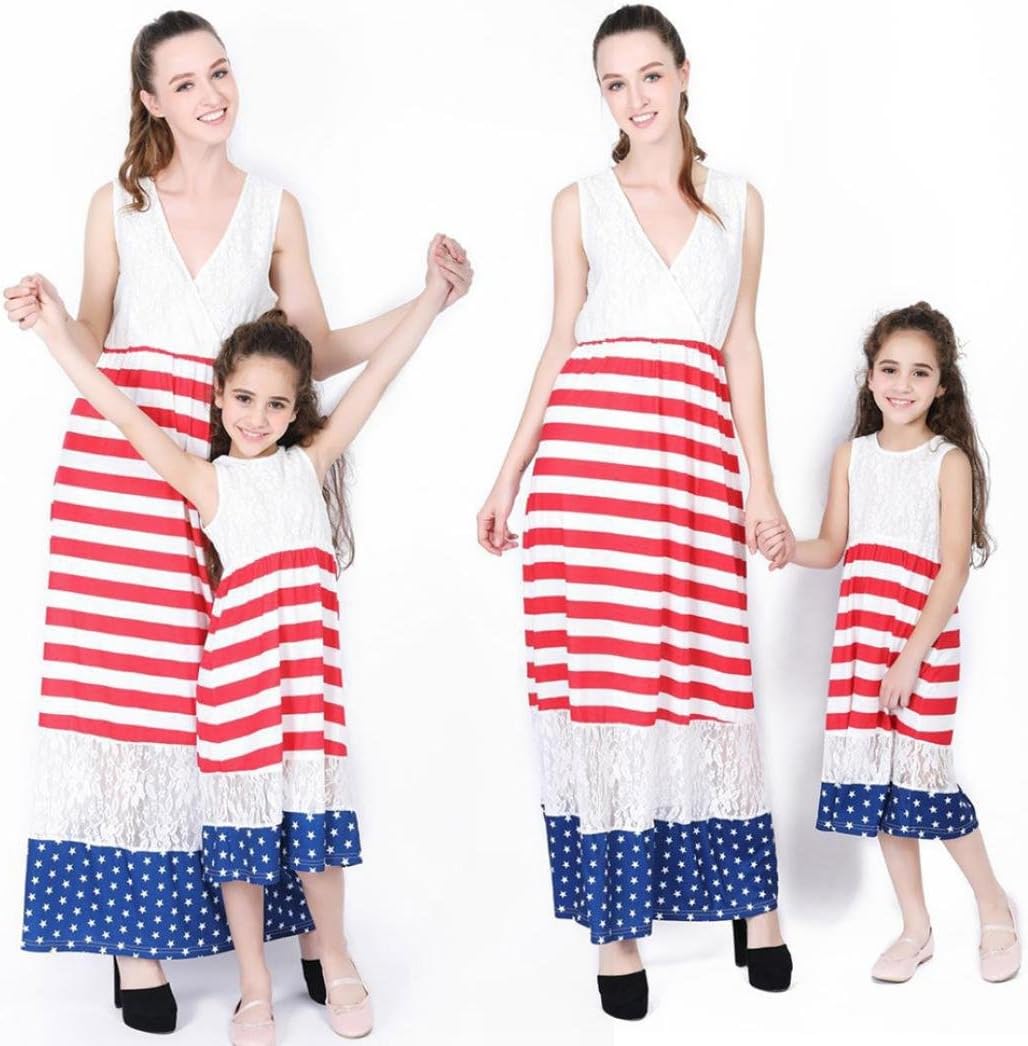 WensLTD Mom＆Me Family Matching Clothes Mother Daughter 4th Of July Family Dress Stars Striped Sundress