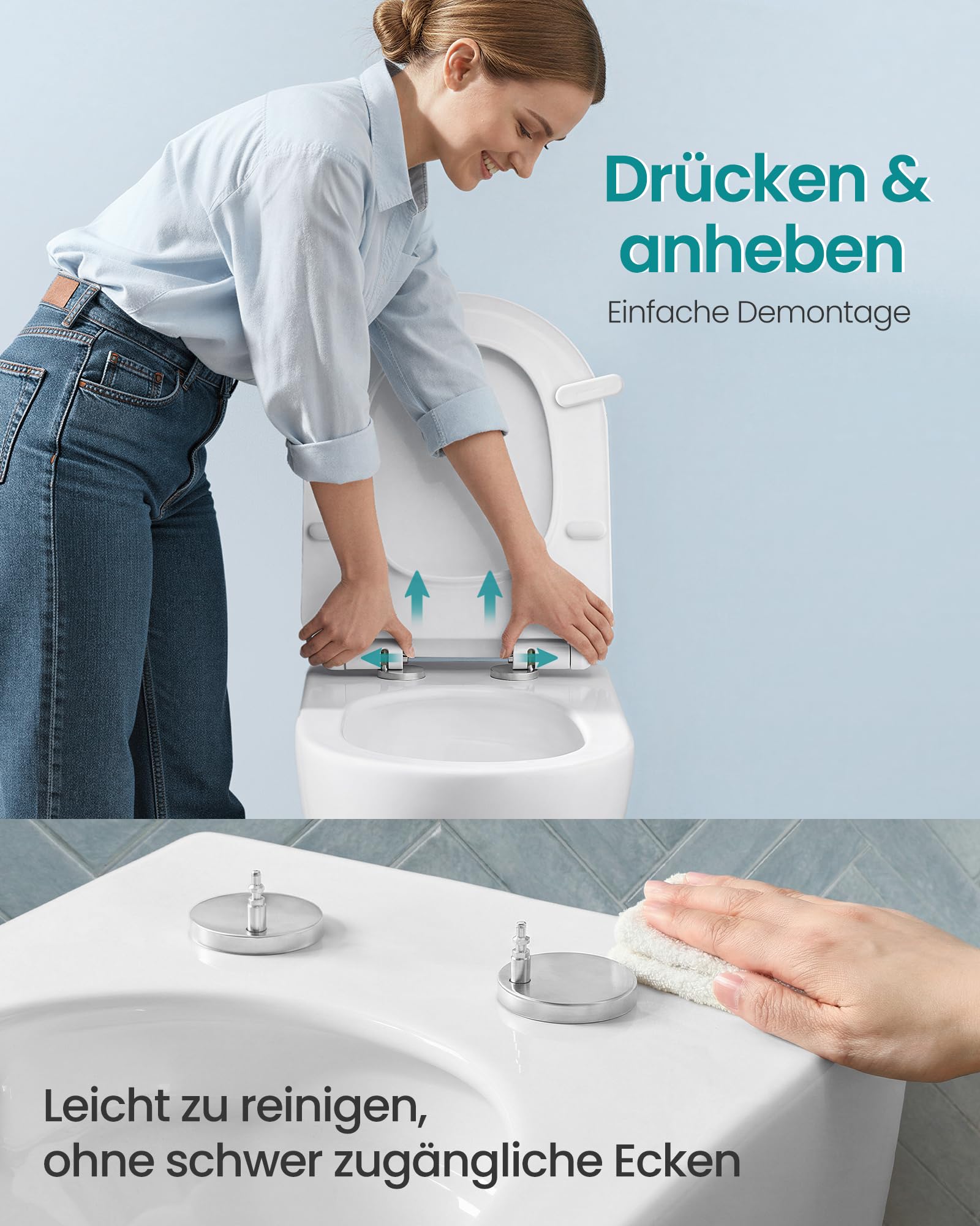 SONGMICS Toilettendeckel, lange D-Form, WC-Sitz mit Absenkautomatik, Toilettensitz schnell abnehmbar, Klodeckel einfache Montage, WC-Deckel Urea-Duroplast, bis 300 kg belastbar, weiß BTL102WZ01 7