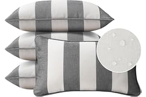 UNIMATTA Decorative Outdoor Water Repellent Throw Pillows with Inserts, Set of 4, 20" x12" Pillows for Patio, Backyard, Bed, Couch, and Patio Furniture, Gray Stripe