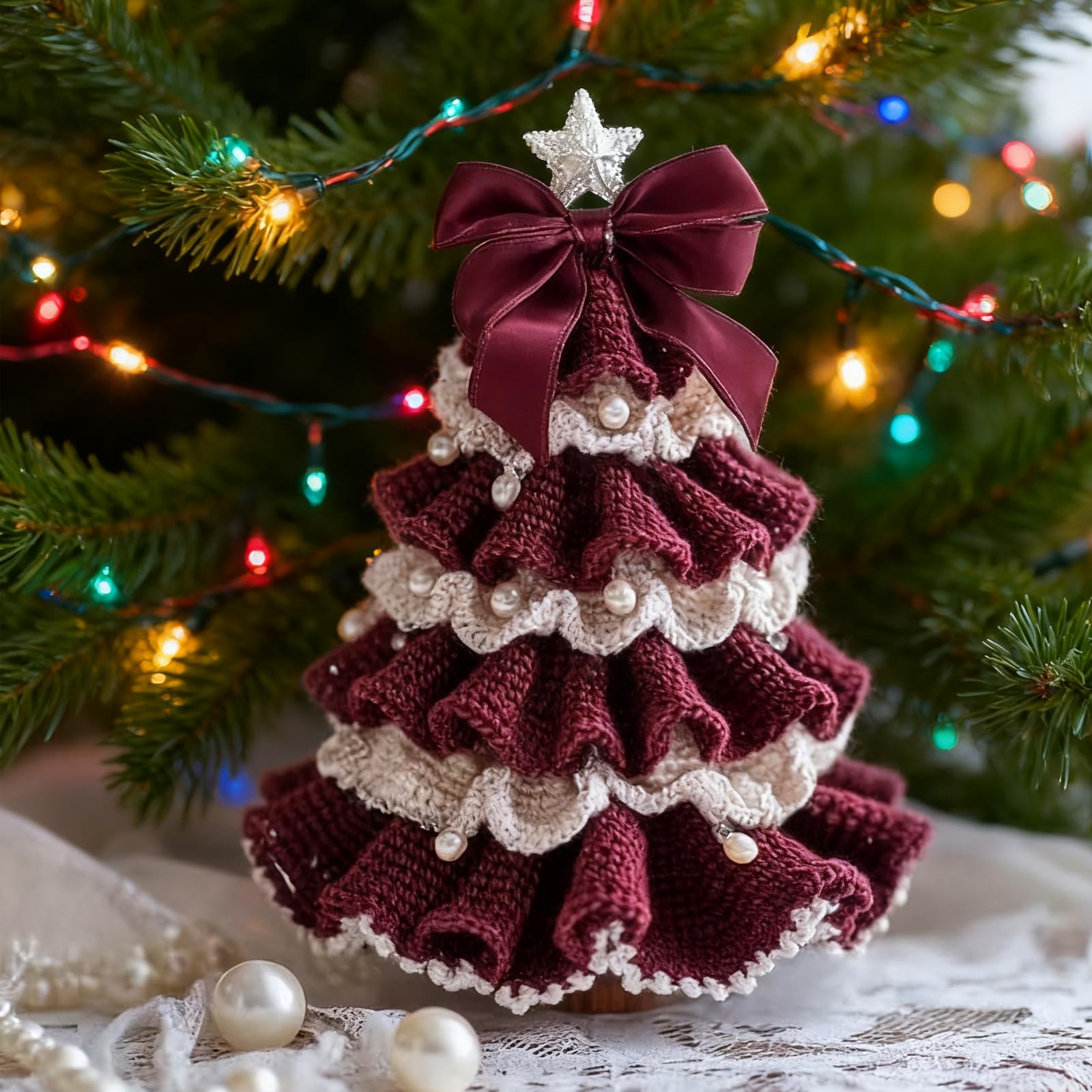 Photo 1 of DIY Crochet Christmas Tree Kit | Handmade Crochet Christmas Tree Kit for Beginners, Handmade Holiday Decoration Set, Tree Bow Pearl Embellishment, Christmas PartyCrochet Decorations