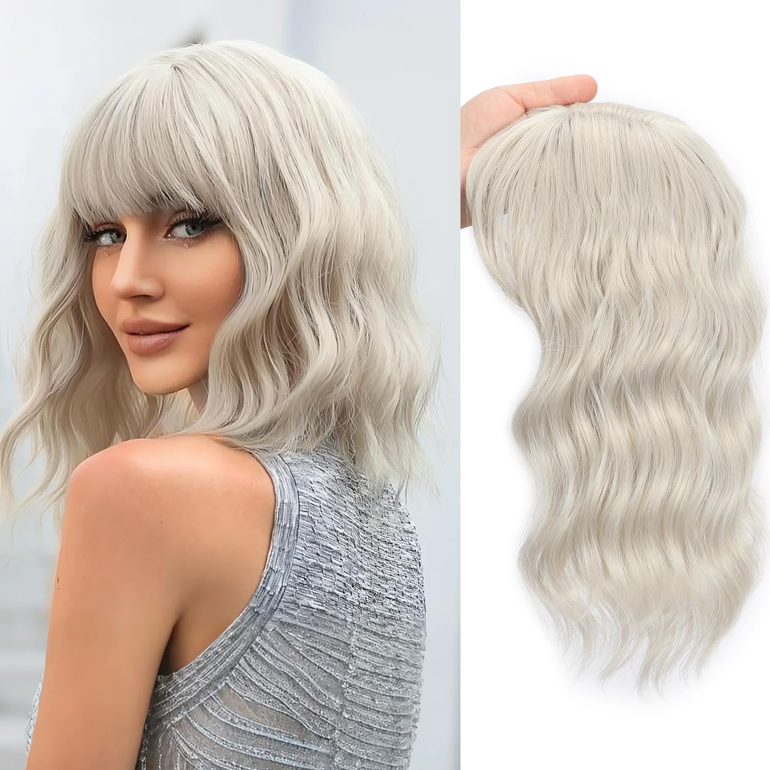Photo 1 of TYQ Hair Toppers for Women with Thinning Hair 14 Inch, 360° 3D Synthetic Curly Wavy Wispy Clip in Bangs(White Blonde)