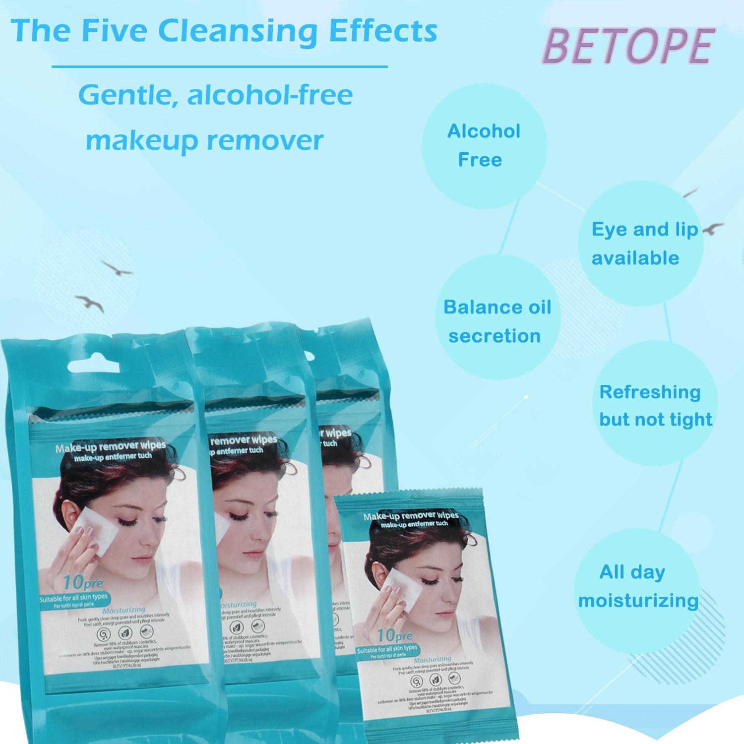 Betope Toallitas Desmaquillantes, Toallitas de limpieza para quitar maquillaje, MakeUp Wipes, Hidratante, Suave, Sin alcohol, No Irritante, Adecuado para Pieles Sensibles - 10 Unidades X3 Pcs