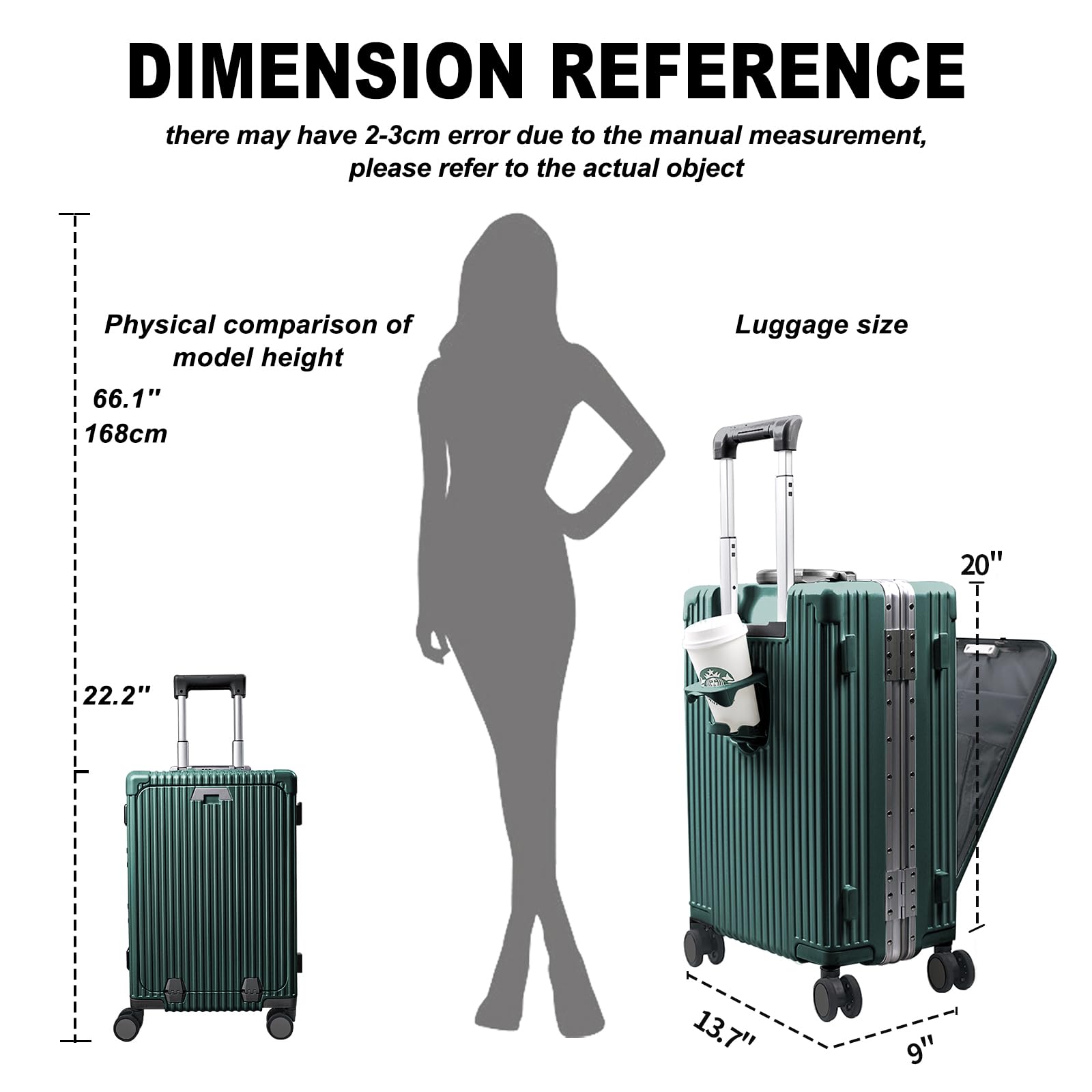 Carry On Luggage with Cup Holder and Usb Port, Aluminum Frame, Front Compartment, TSA Lock, 22x14x9 Airline Approved Hardside Suitcase with Spinner Wheels(Dark Green, 20-lnch)