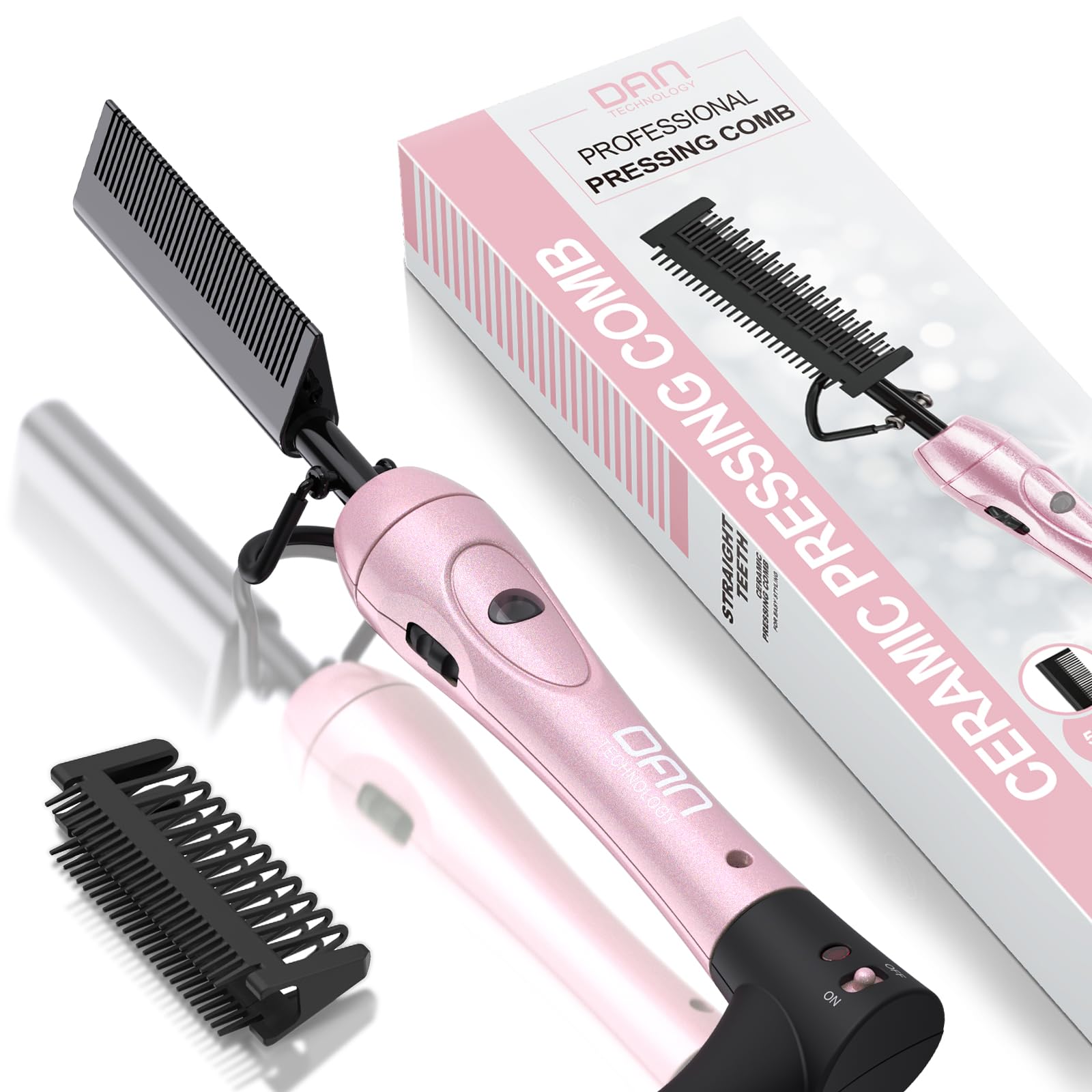 Hot Comb by Brand - Ceramic Straightening Comb for Wigs, Afro Hair & Beard - Anti-Scald, Dual Voltage, Adjustable Heat, 60 Min Auto Shut Off