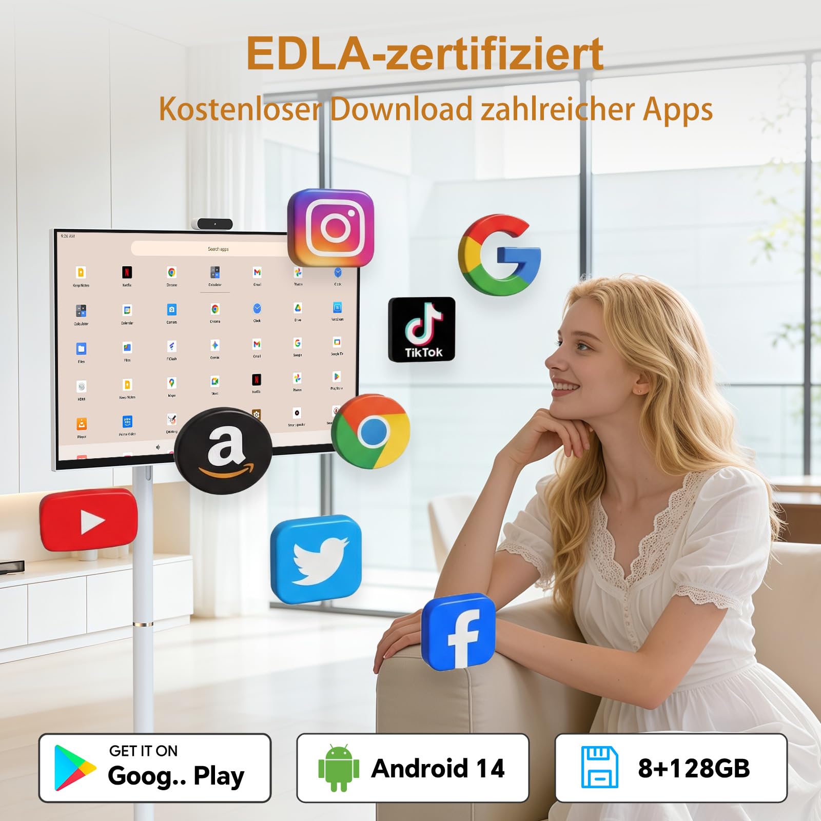 Dornium 32 Zoll 4K Smart Portable TV | Touchscreen-Monitor auf Rädern | EDLA-Zertifiziert & Android 14 | 8+128 GB Speicher | 10,000 mAh Akku | 90°Rotation | Abnehmbare Kamera 2