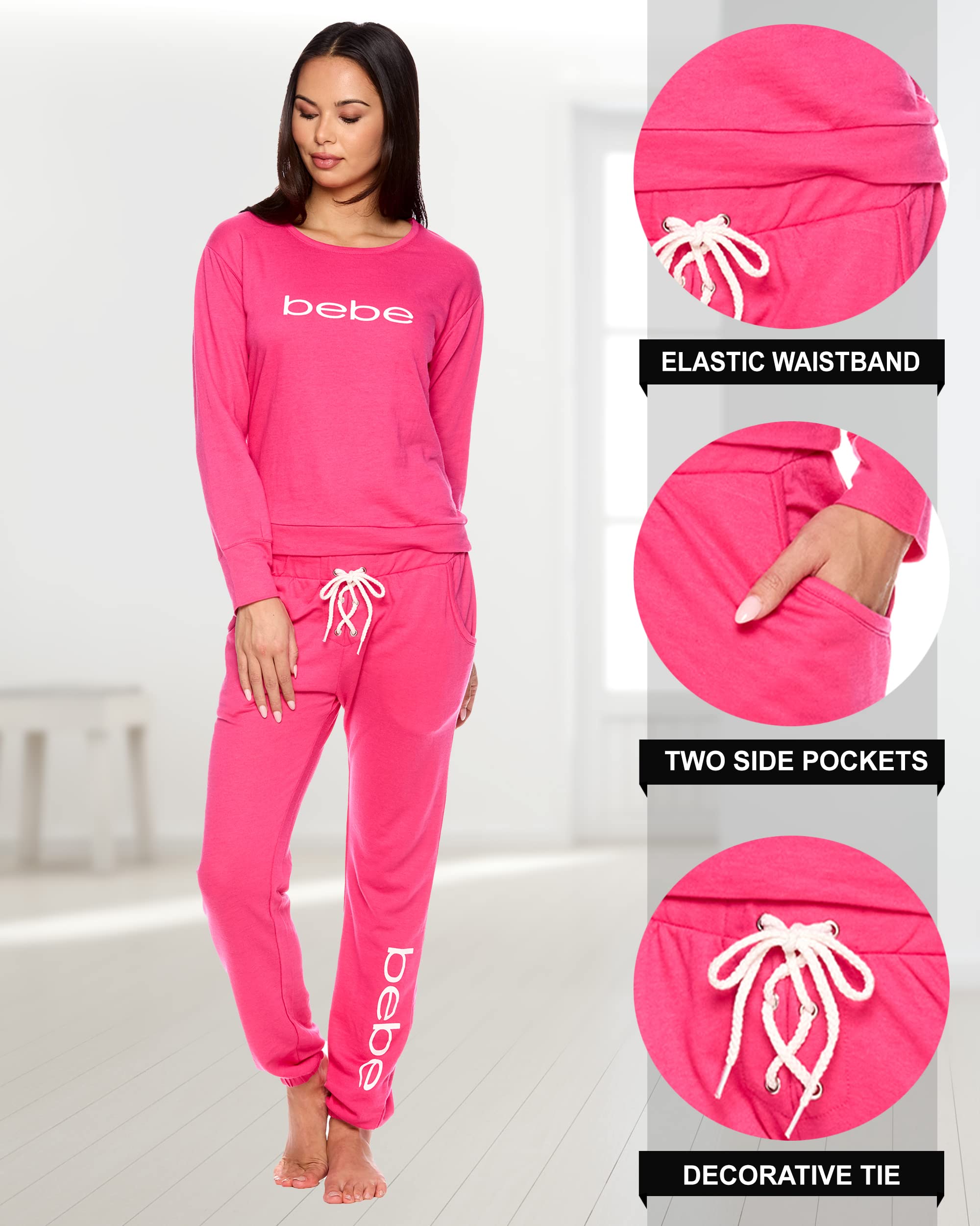 bebe Womens Pajama Sets - French Terry Pajamas Long Sleeve Pullover Top and PJ Pants with Pockets - Sleepwear for Women (Fuchsia, Large)