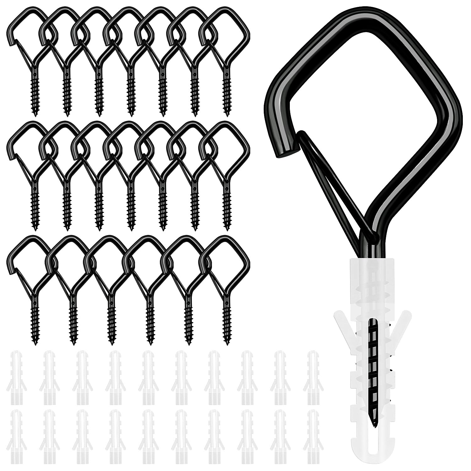 VooGenzek 20 PCS Q-Hanger Hooks Outdoor, Screw Hooks for Outdoor String Lights, Screw Hooks with Safety Buckle, for Hanging Plants, Christmas Decor, Cups, String Lights, Wind Chimes (Black)
