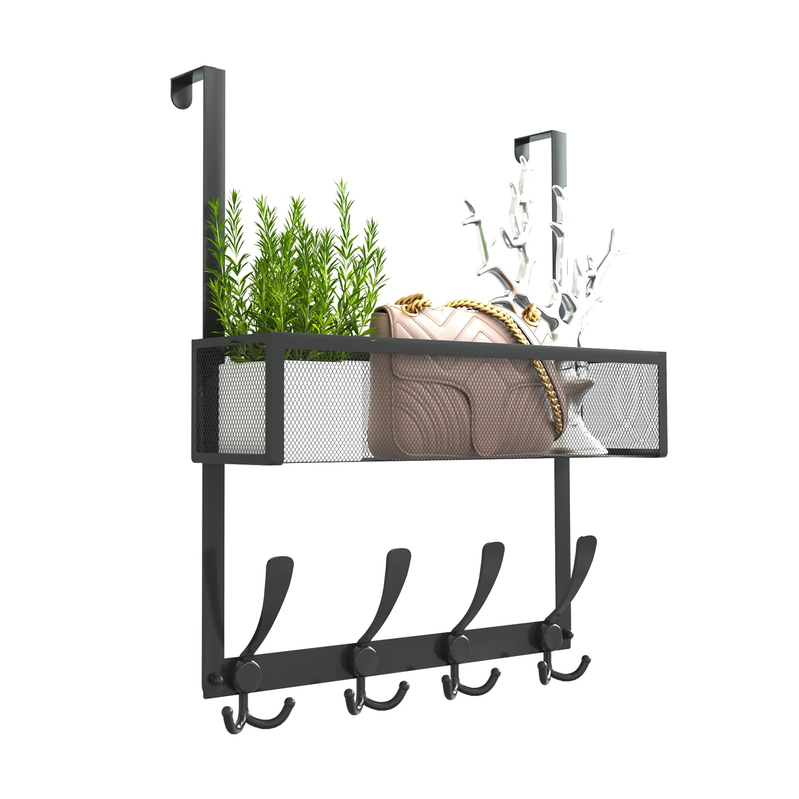 Photo 1 of Over The Door Hooks Organizer,Over Door Hanger Towel Rack Mesh Basket with 12 Hooks,Back of Door Storage Organizer for Bedroom,Bathroom,Kitchen,Office(Black)