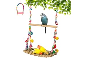 EEAIVNM Natural Bird Swing Toys with Wood Perch,Double Layer Bird Seagrass Woven Climbing Hammock with Chewable Perch Stand Chewing Toy for Parakeets,Budgies,Conures,Cockatiels,Lovebirds