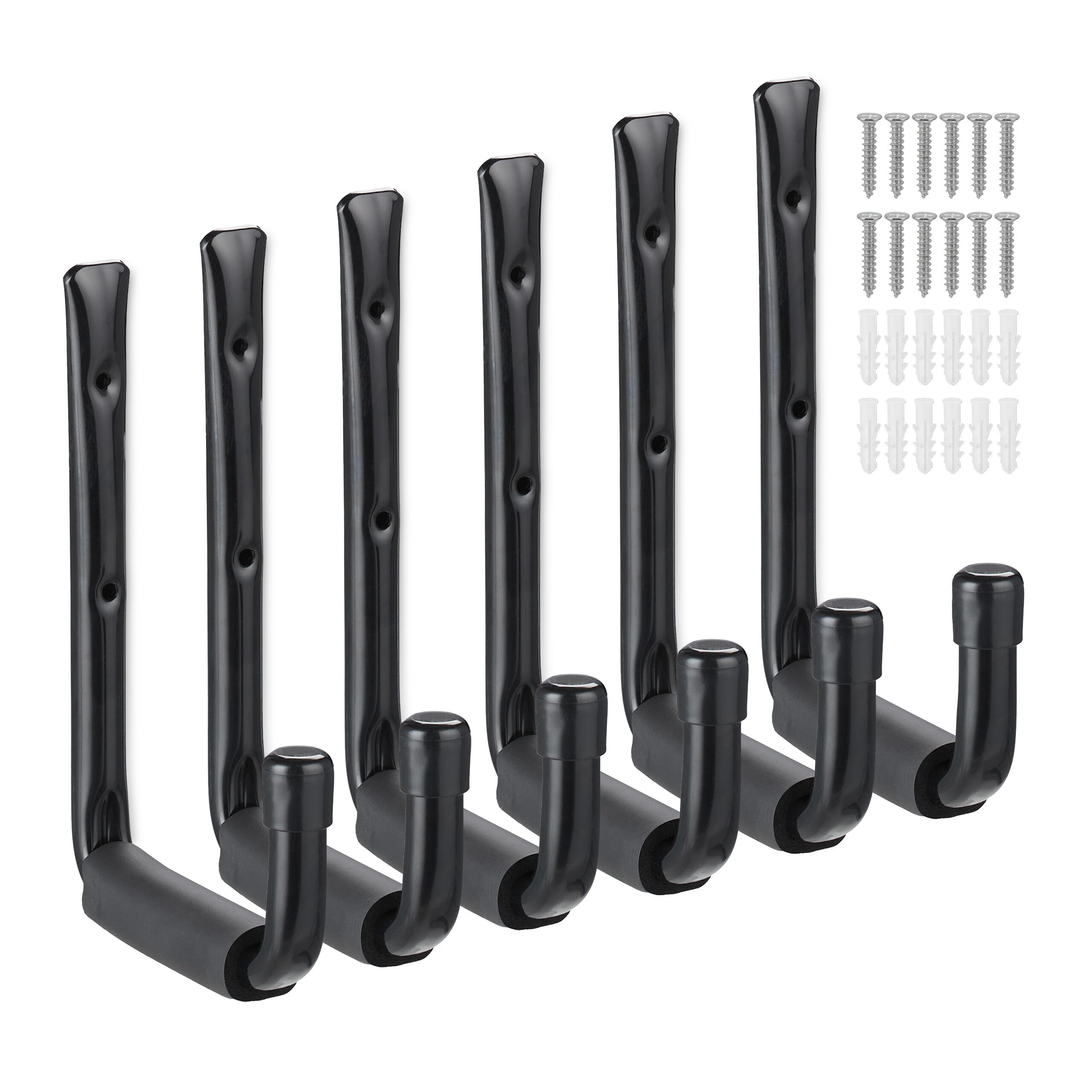 Relaxdays Wall Hooks, 6-Piece Set, U-Shaped Holders for Garage, Rubberised, Tool Hanger Workshop, Steel, Black, 22x2.5x15cm