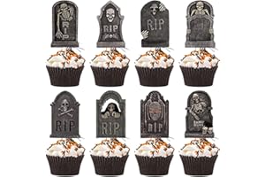 VARACL 24 Pieces Halloween Tombstone Cupcake Toppers, 8 Designs Tombstone Graveyard Cake Toppers Scary Cupcake Decoration Table Centerpiece Sticks Appetizer Picks for Halloween Party Supplies