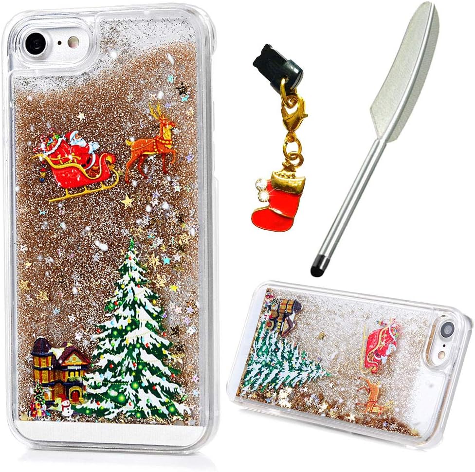 iVOYIiPhone SE 2020/7/8/SE 2022 Case, Protective Clear Shiny Glitter Liquid Floating Santa Claus Cover, Gold
