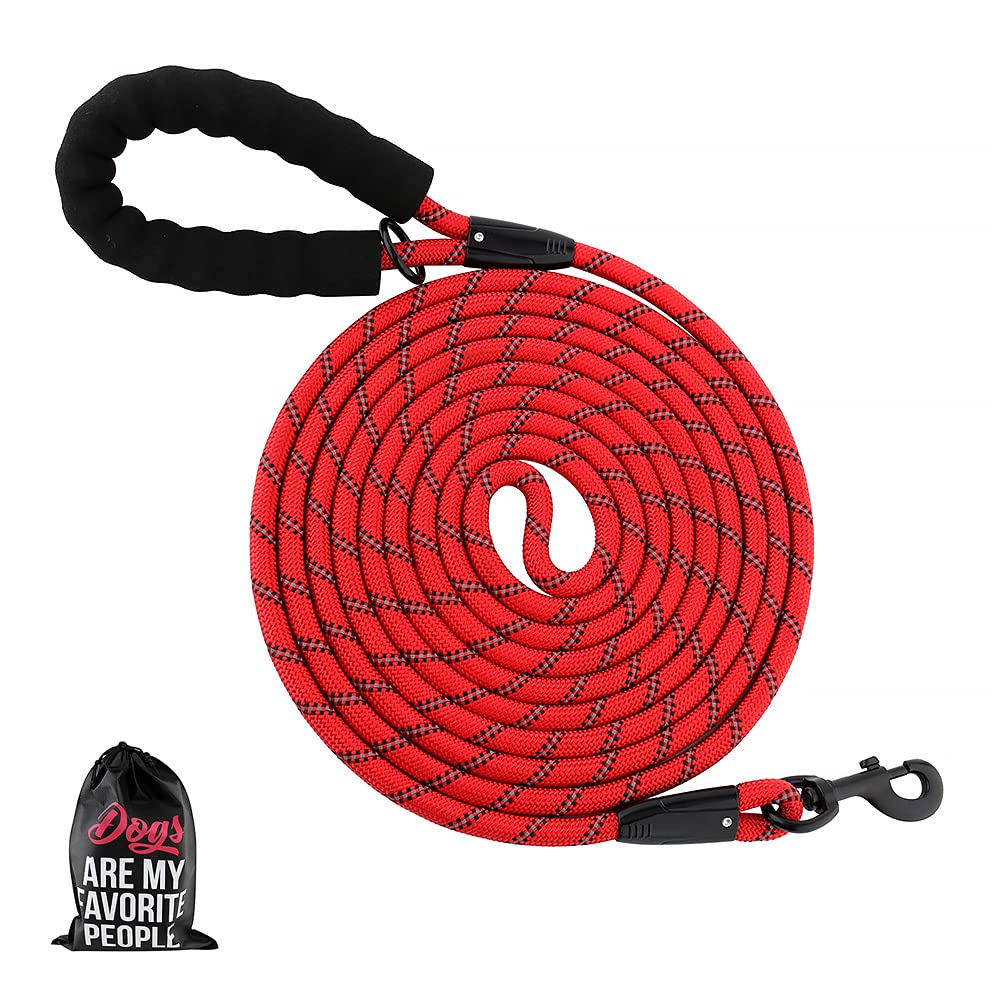 Plutus Pet Long Rope Dog Lead - Comfortable Padded Handle, Reflective Nylon Heavy Duty Rope, 6m for Small to Large Dogs (Red)