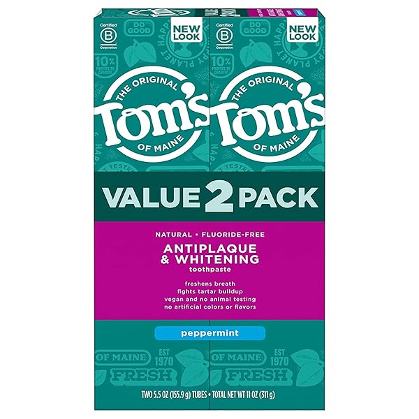 TOM’S OF MAINE FLUORIDE-FREE ANTIPLAQUE & WHITENING NATURAL TOOTHPASTE, PEPPERMINT, 5.5 OZ. (PACK OF 2)