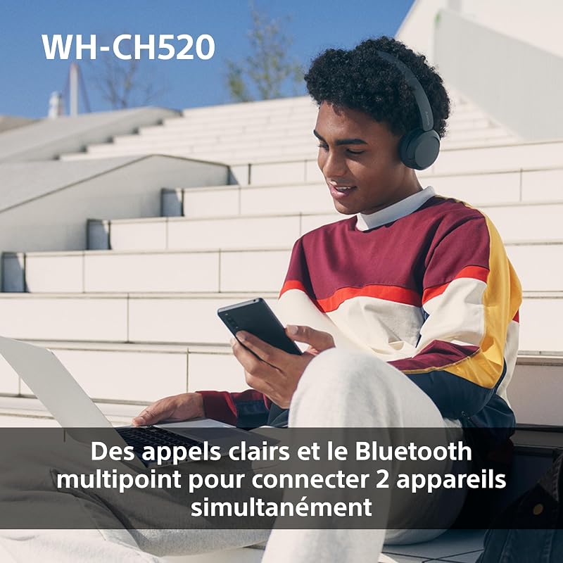 WH-CH520 - Casque Bluetooth sans Fil, Multipoint, Micro intégré - jusqu'à 50 Heures d'autonomie et Charge Rapide - Noir