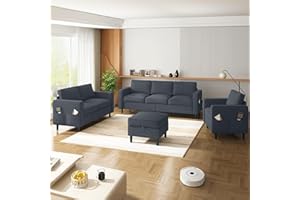 ADOWORE 3 Pieces Sofa Sets Furniture for Living Room, Linen Fabric 3 Seater Sofa with Ottoman and Loveseat and Armchair Sets, Modern L Shaped Couch + Love Seat + Accent Chair Sets, Dark Grey