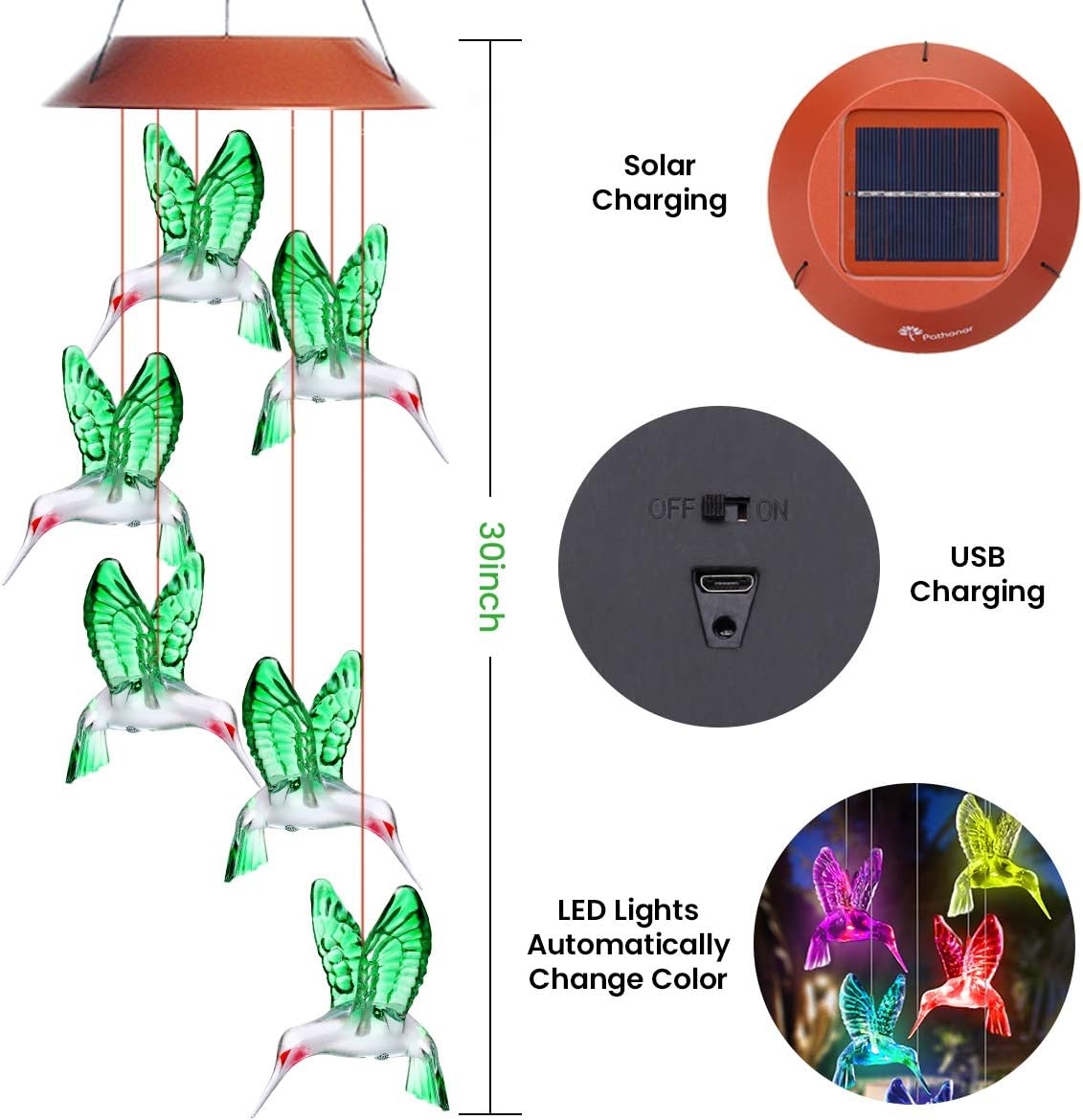 Solar Hummingbird Wind Chimes, PATHONOR Color Changing Solar Wind Chime Outdoor Mobile Waterproof Six Hummingbird LED Solar String Lights Gifts for Home Party Night Garden Hanging Decoration : Garden & Outdoor