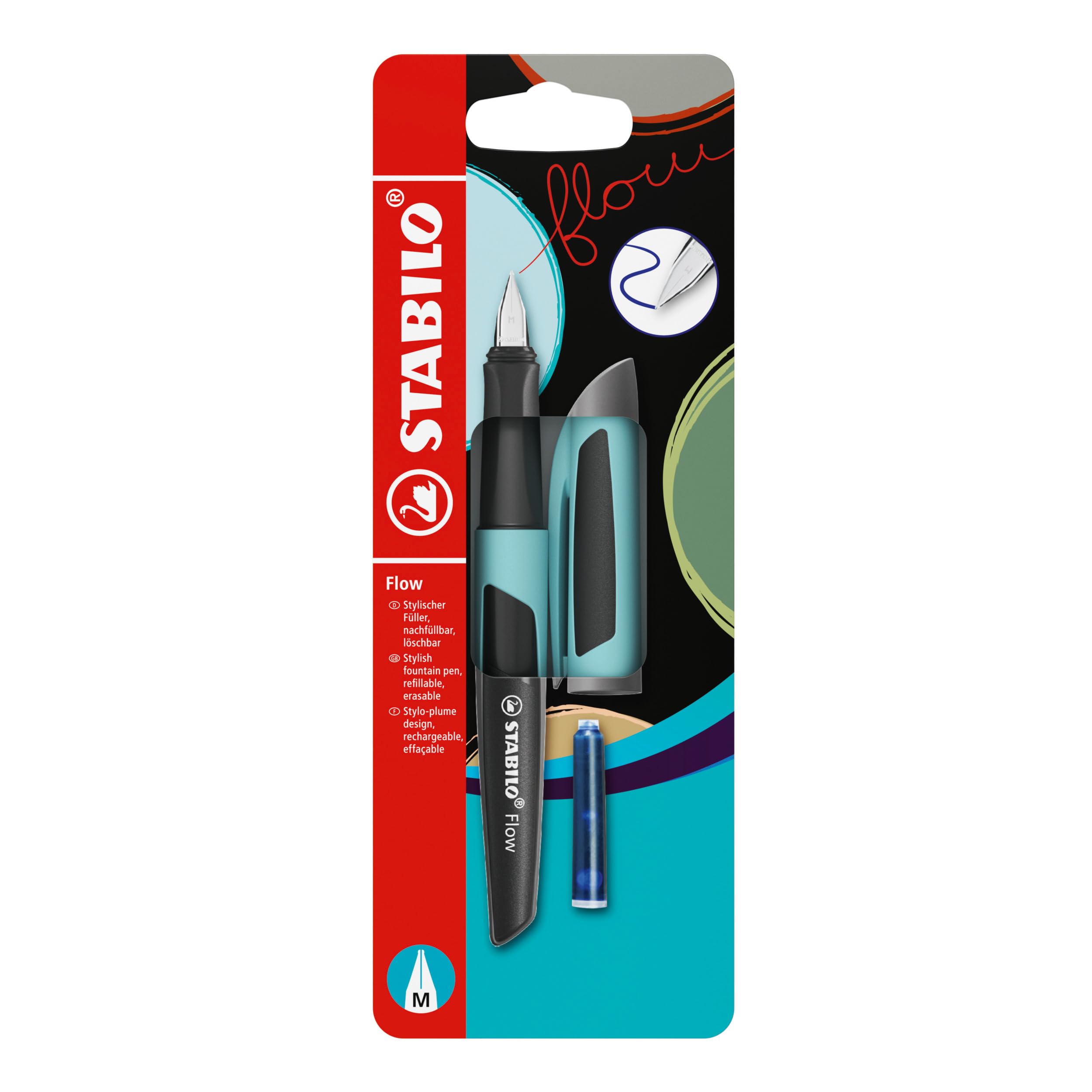 STABILO Flow - Fountain Pen - SPORTY - Medium Nib - Pack of 1 - Puristblue/Black including Blue Ink Cartridge