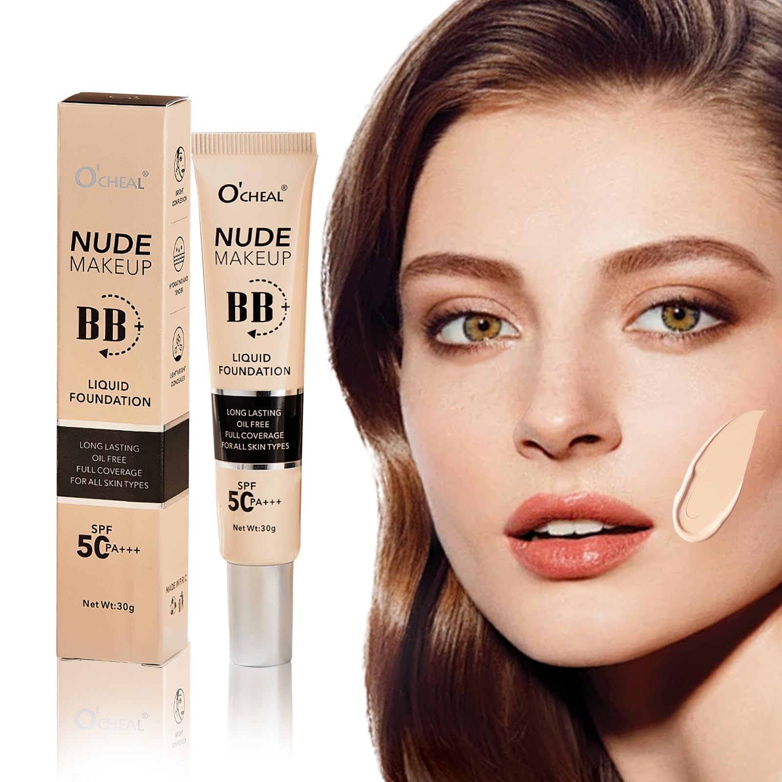 O'CHEAL BB Cream with SPF 50+ | Full Coverage Tinted Moisturizer with Buildable Concealer Powder Foundation, Oil-Free, Hydrating & Matte Finish | Vegan, Cruelty-Free, for All Skin Types(Natural)