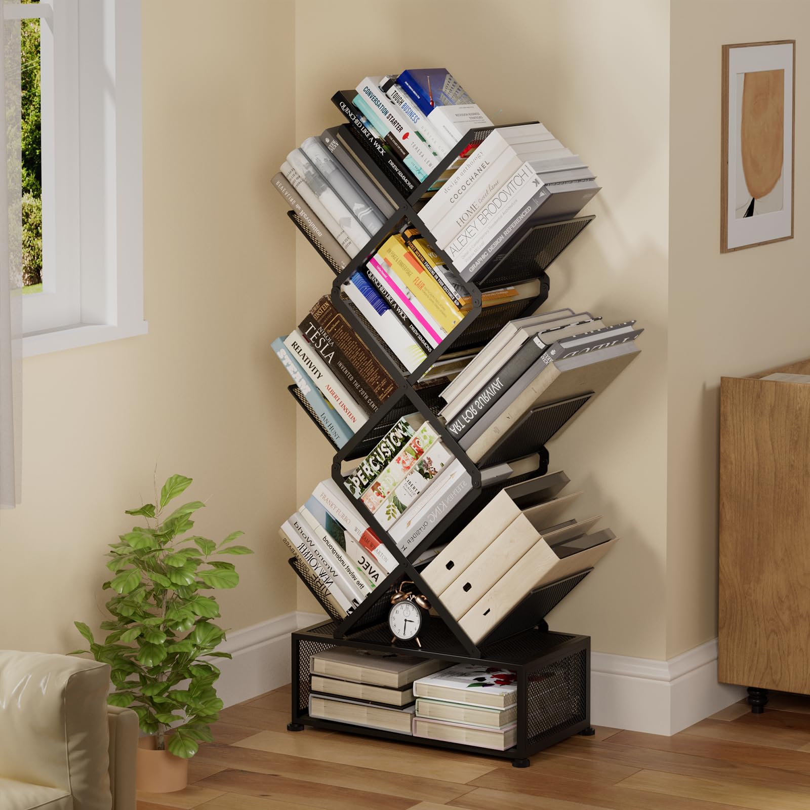 Photo 1 of Onadak Metal 6 Tier Bookshelf, No Assembly Needed Foldable Bookcase with Storage Cabinet, Sturdy Standing Shelf for Bedroom Office Corner, Black?