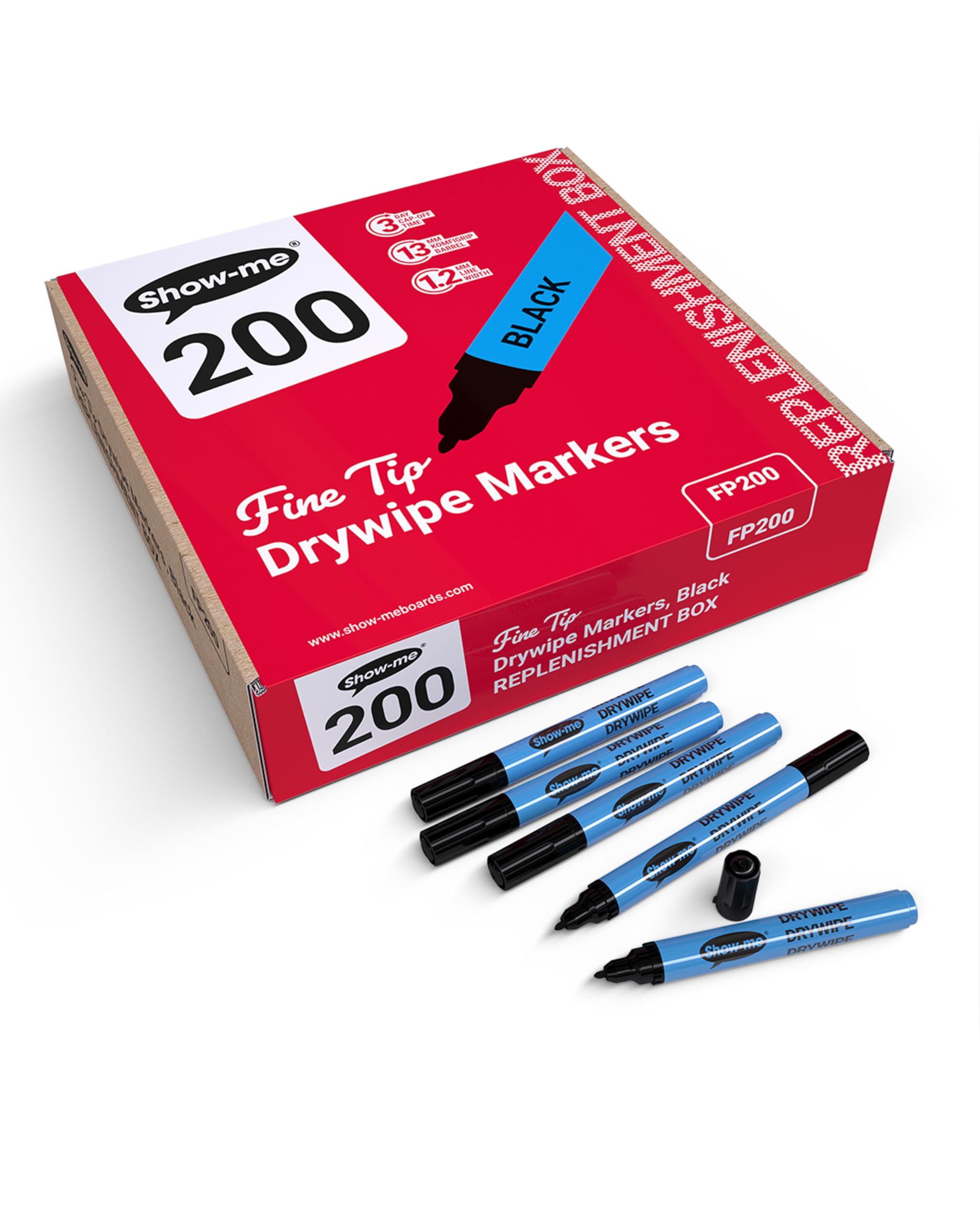 SHOW-ME - Whiteboard Markers | Drywipe, Erasable Black Fine Tip 1.2mm Line | Classroom Board Writing Pens with 3-Day Cap-off, Box of 200
