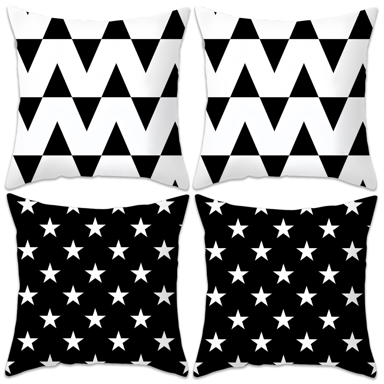 Betadistor Soft Pillow Case Covers Set of 4, Geometric Pattern Cushion Covers for Couch Sofa Bed Home Decorative 45 X 45cm, Black Triangle Five-pointed Stars, 504-0073