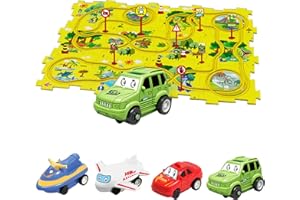 GEOHEE Puzzle Track Car Play Set, DIY Puzzle Tracks with Vehicles, Puzzle Car Track Montessori Track Car Toy Set, Educational Puzzle Track Car Playset for 3+ Years Kids Christams Gifts (25 PC, Dinasour)