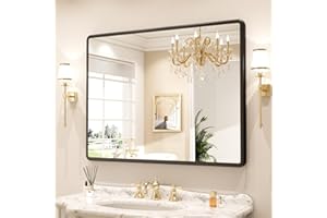 pertetey New Upgrade 40X30 Inch Wall Mounted Bathroom Mirror, Black Metal Frame Rounded Rectangle Mirror, Bathroom Vanity Mirror with Tempered Glass for Washroom Bedroom Living Room