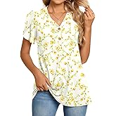 BISHUIGE 2026 Women's Summer Henley V-Neck Button Up Tunic Top Petal Sleeve Comfy Blouse Casual T-Shirt Sizes M-3XL