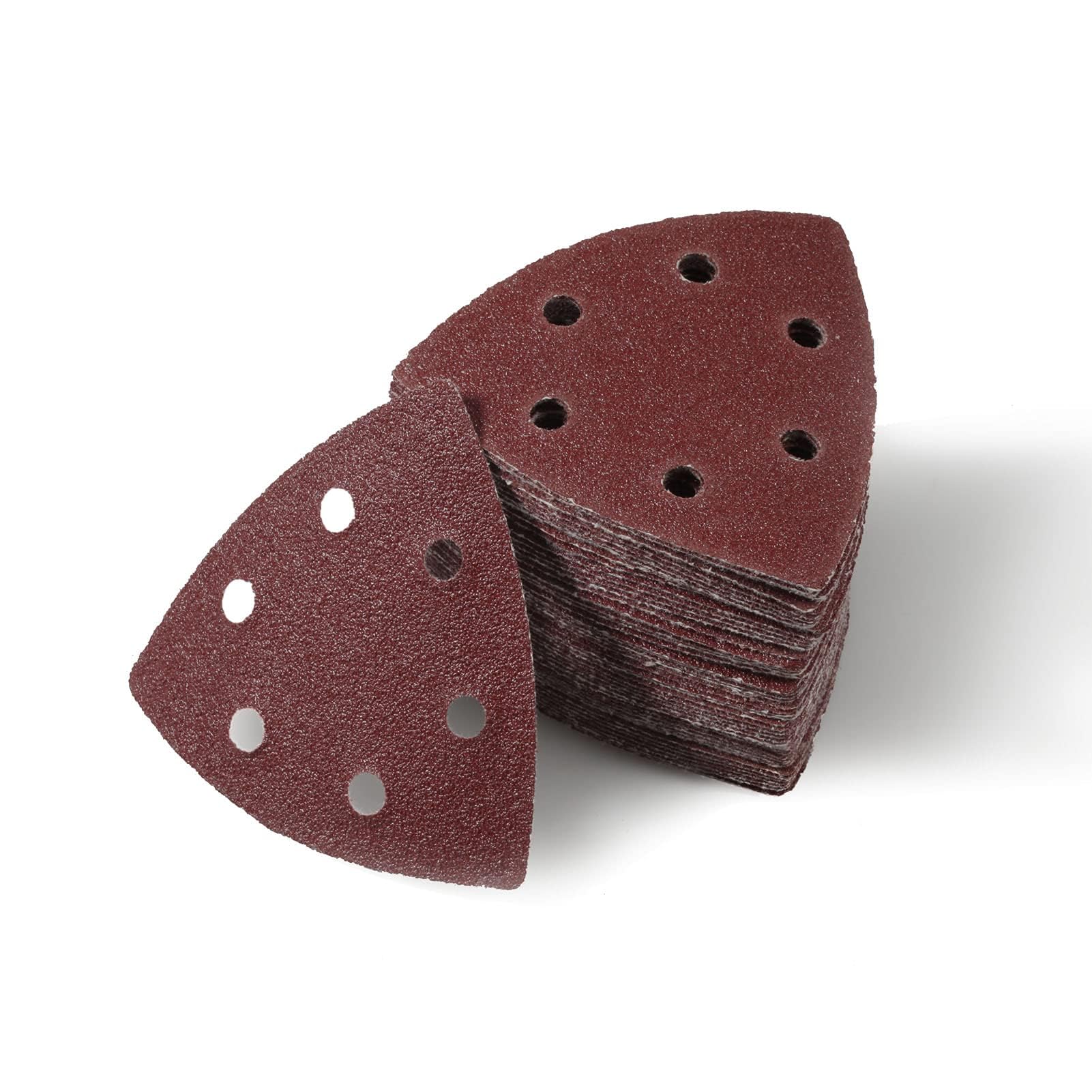 LEONTOOL 50 Pcs Triangle Sanding Pads, Detail Sandpaper 6 Holes, Hook and Loop Sanding Disc 3-1/2 Inches, 80 Grit Sanding Paper for Wood Metal Polishing