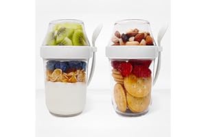 Felli On the Go Yogurt Parfait Snack Cup with Lid 100% Leak Proof, Spoon + Granola Holder for Cereal Fruit Crunch Overnight Oats Container Reusable, To Go Breakfast, Hiking Travel Jar (2, White)