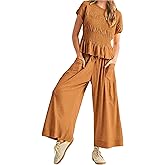KCVVA Womens 2 Piece Smocked Top Wide-Leg Pants Set Boho Outfits With Pockets Casual Ruffle High-Waisted Matching