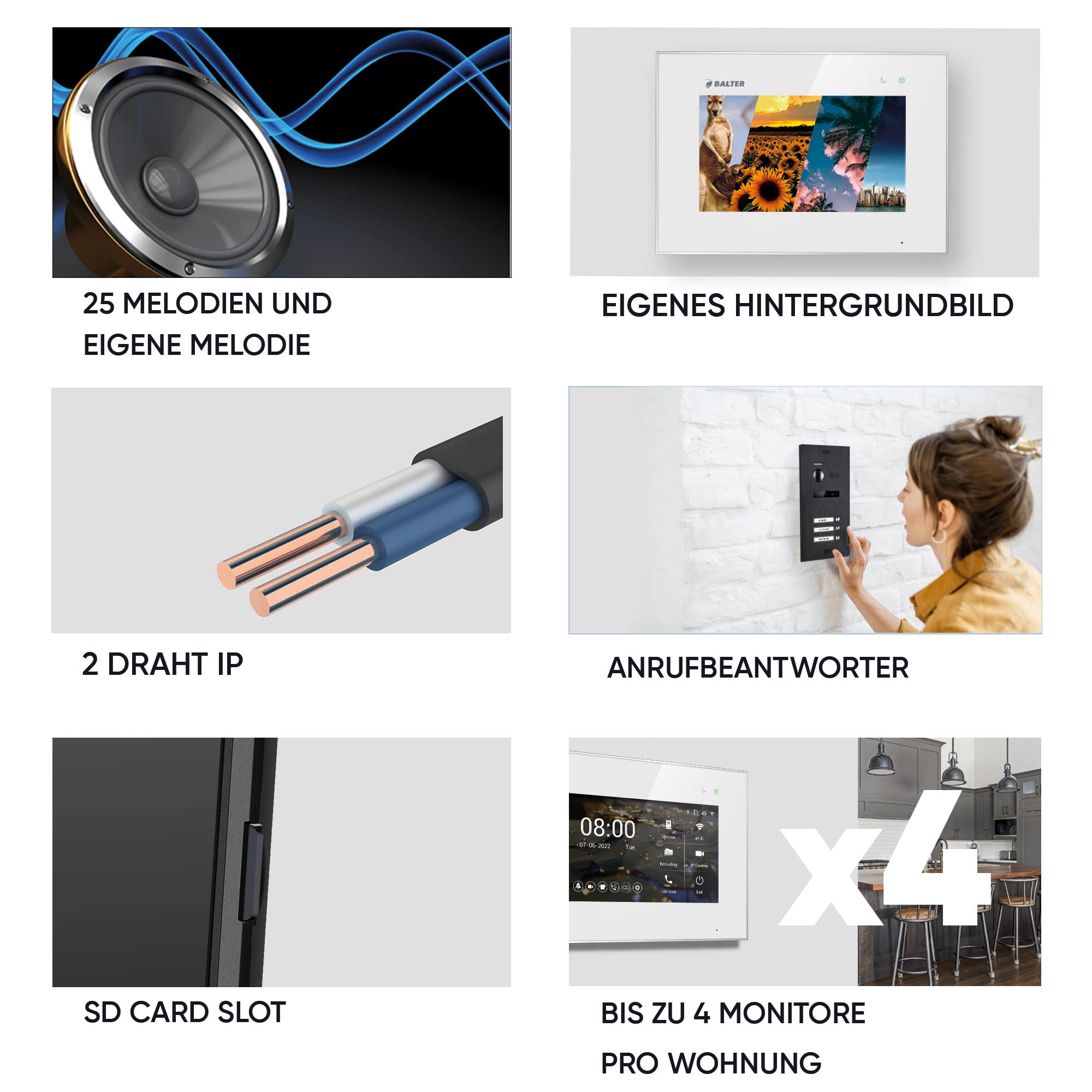Balter EVO-HD Video Türsprechanlage, Video Türklingel, 1 Familienhaus Klingel, 7 Zoll HD-Monitor, Full HD-Kamera, 2 Draht Bus, Gegensprechanlage mit 175° Weitwinkel-Kamera 7