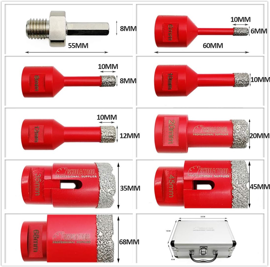 SHDIATOOL Diamond Drill Core Bits Kit with Box 6/8/10/12/20/35/45/68mm and an Adapter for Tile Porcelain Granite Marble-Set of 9 - Image 3