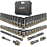 boen 48PCS 1/2” Drive Metric Socket Set, Impact Deep&Shollow Socket(8mm-32mm), for Lug Nut Use, 6-Point with Yellow Embossed Marking, CR-MO