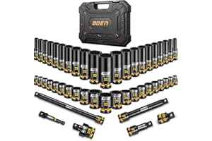 boen 48PCS 1/2” Drive Metric Socket Set, Impact Deep&Shollow Socket(8mm-32mm), for Lug Nut Use, 6-Point with Yellow Embossed 