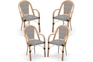 Tangkula Outdoor French Bistro Chairs Set of 4, Hand-Woven PE Wicker Patio Chairs with Armrests, Outdoor Dining Armchairs with Galvanized Metal Frame for Porch, Garden