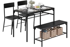 Meilocar Dining Table Set for 4, Kitchen Table with Bench and 2 Chairs, 4 Piece Dining Table Set with Storage Racks, Industrial Kitchen Table Set for Small Space, Black