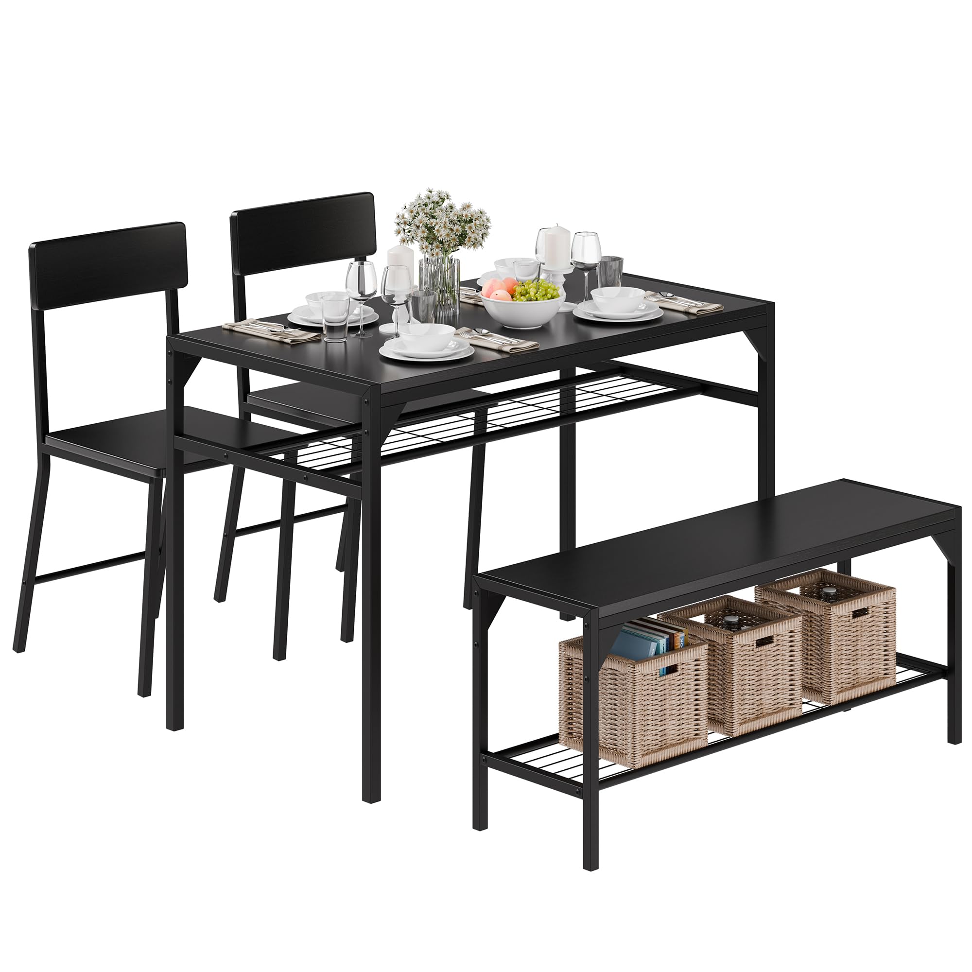 Photo 1 of Meilocar Dining Table Set for 4, Wooden Kitchen Table with 2 Chairs and Bench, 4 Piece Dining Table Set with Storage Racks, Industrial Kitchen Table Set for Kitchen, Dining Room Black