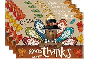 Artoid Mode Turkey Give Thanks Thanksgiving Placemats Set of 4, 12x18 Inch Seasonal Table Mats for Party Kitchen Dining Decoration