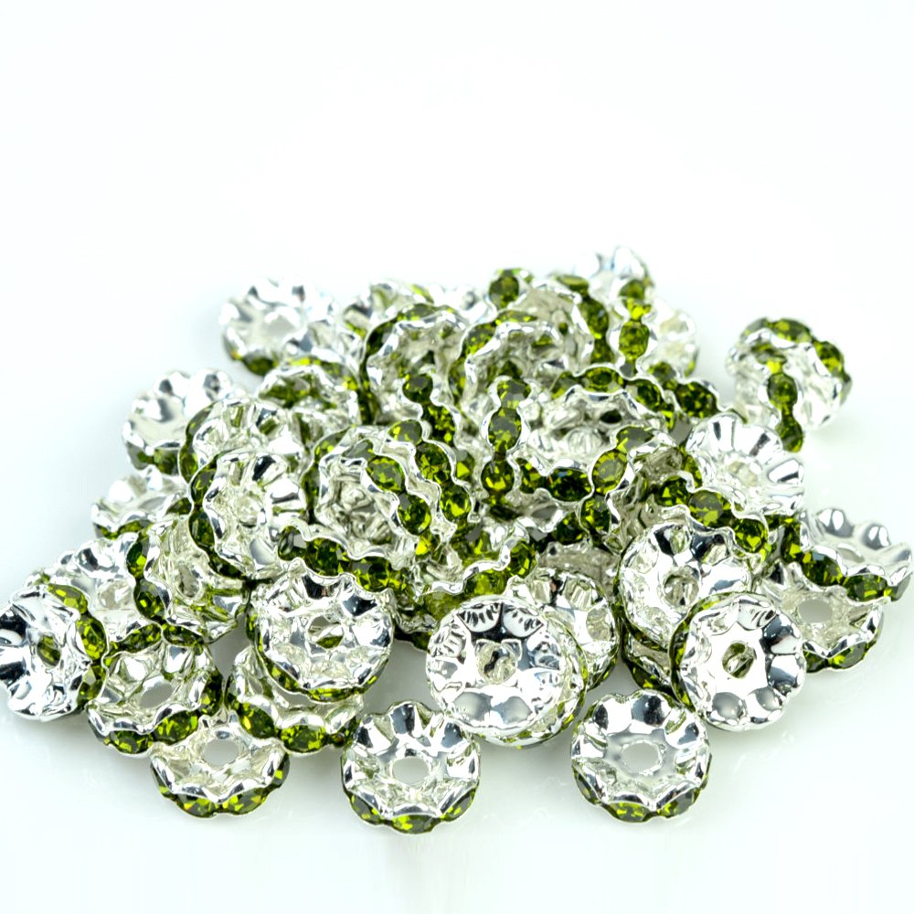 RUBYCA 100pcs 4mm Wavy Rondelle Spacer Beads Silver Tone Olivine Czech Crystal