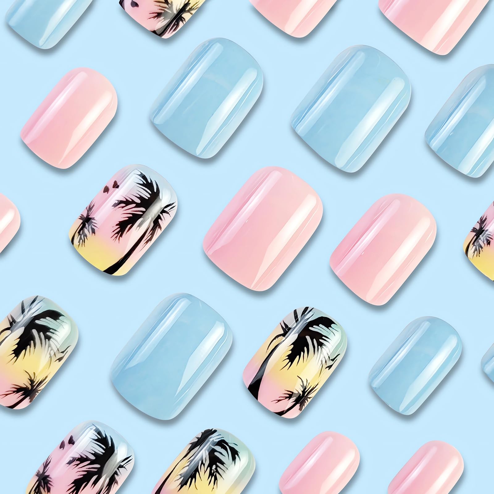 Short Press on Nails Square Fake Nails Summer Palm Tree Acrylic Nails Press ons Glossy Blue Pink Glue on Nails with Twilight Beach Designs Short False Nails Summer Artificial Nails for Women Girls - Image 3