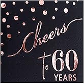 Rose Gold Cheers to 60th Cocktail Napkins Folded 5 x 5 Inches Disposable Party Napkins 3-Ply Paper Beverage Napkins for 60th Birthday Decorations, Wedding Anniversary, Retirement, Black (60 Years)