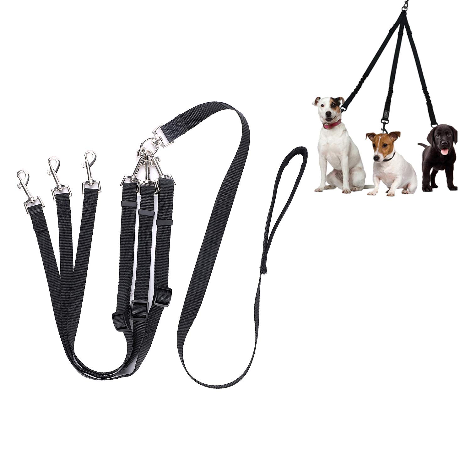 LONTG 3 Way Dog Leash, Adjustable Nylon Traction Rope, Detachable Coupler, Padded Handle, Black, 57-67 inches (144-170 cm), Small & Medium Dogs