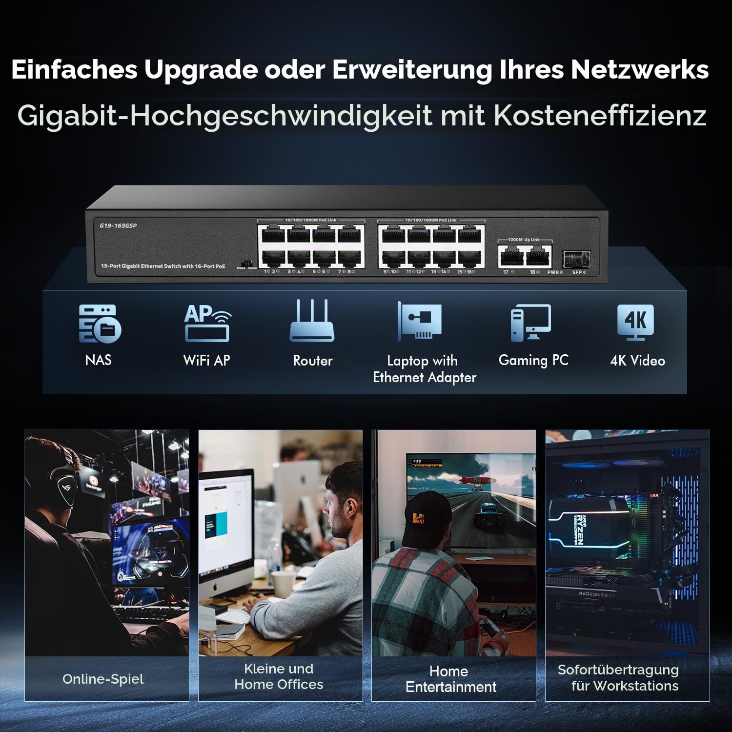 Binardat 19 Port Gigabit POE Switch, 16 POE+ Ports 1000Mbps, 2 Gigabit Uplink, 1 Gigabit SFP, IEEE802.3af/at, 300W Internal Power Supply, Metal Case Unmanaged Plug and Play 8