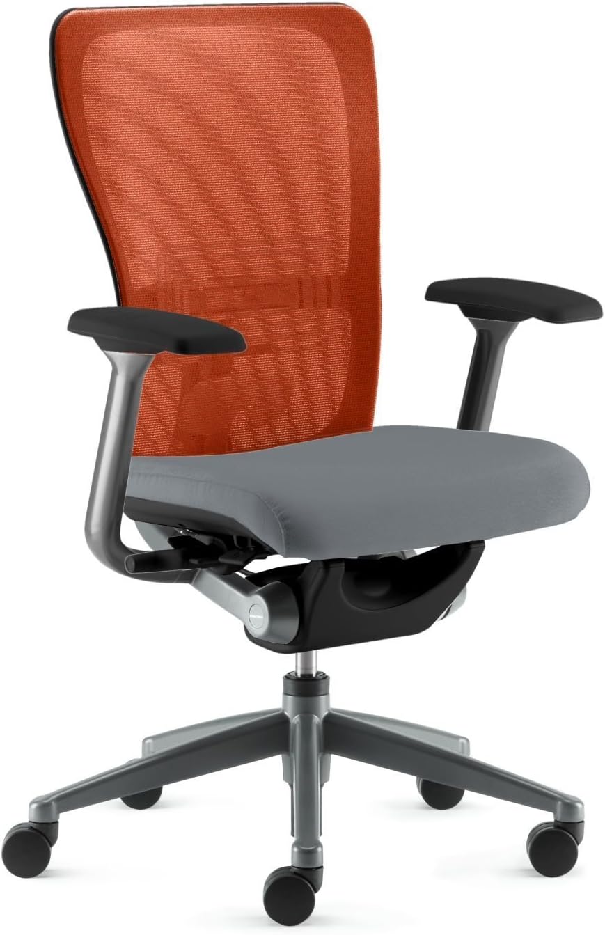 Zody Task Chair by Haworth: Basic Model - Fwd Tilt - Fixed Arms - Standard Carpet Casters - Silver Base/Black Trim/Gusto Mesh Back/Steel Tellure Fabric