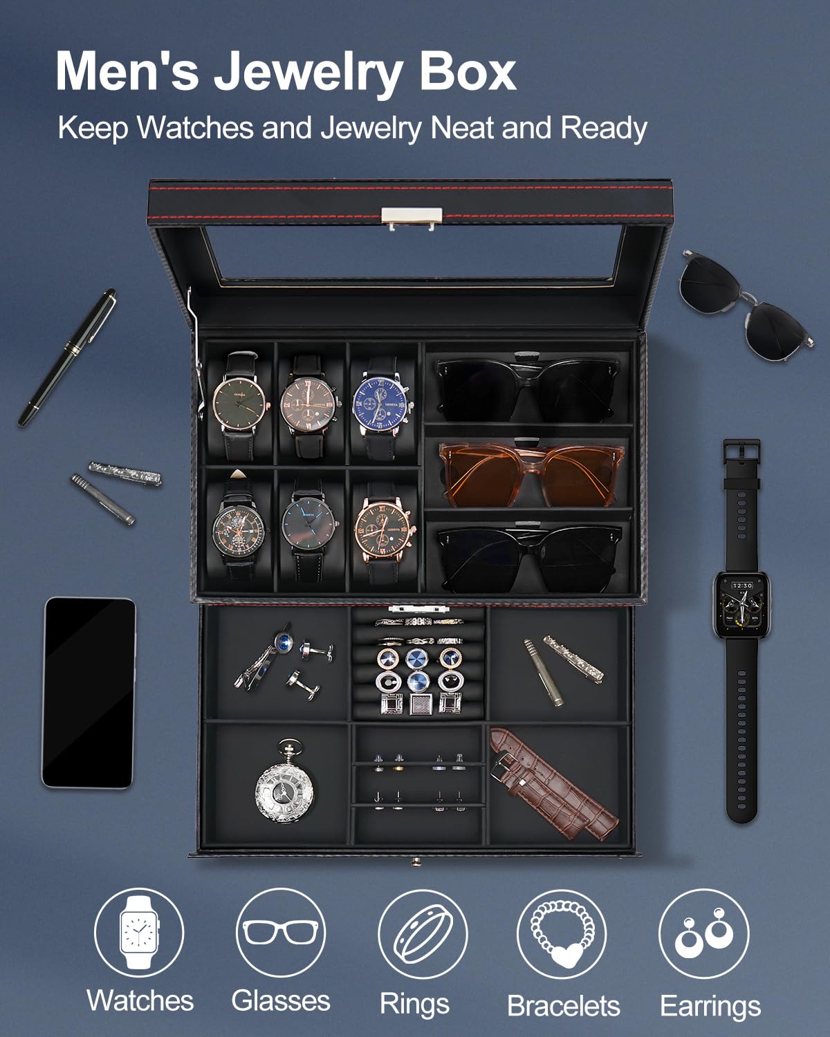 Jenseits Jenseits Watch Box for Mens Jewelry Box, 6 Slot Watch Case & 3 Slot Sunglasses Organizer, Lockable PU Leather Jewelry Organizer Watch Display Storage W/Drawer For Rings Bracelets, Gift for Men Women