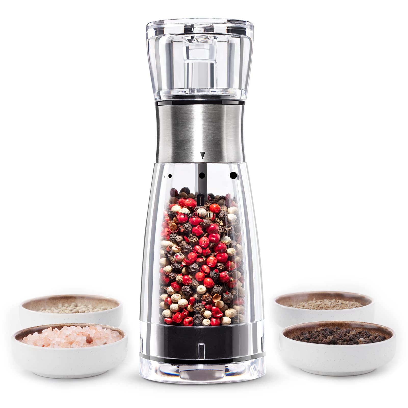 Pepper Grinder or Salt Mill-Professional TREBLEWIND Stainless Steel Manual Pepper Grinder Mill with Rotate tab and Refillable-Salt or Pepper, Fits in Home, Kitchen, BBQ
